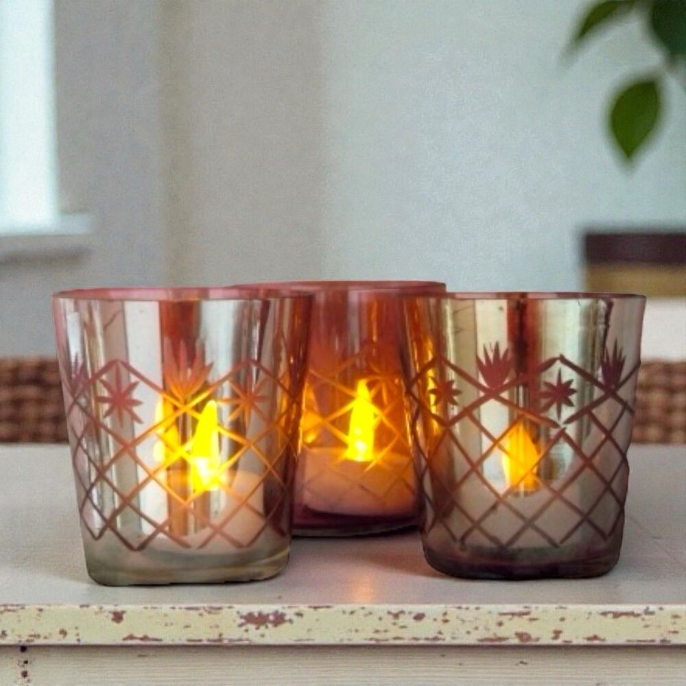Vtg. Jessica McClintock Amber Fall Cut Glass Votive  Candle Holders Set of 3 NEW